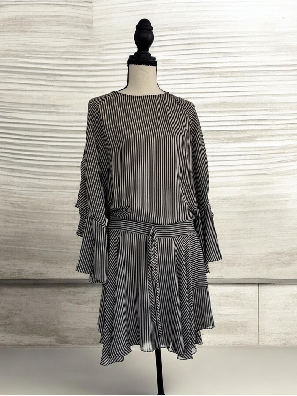 A.L.C. Black and White Vertical-Stripe Asymmetrical Dress